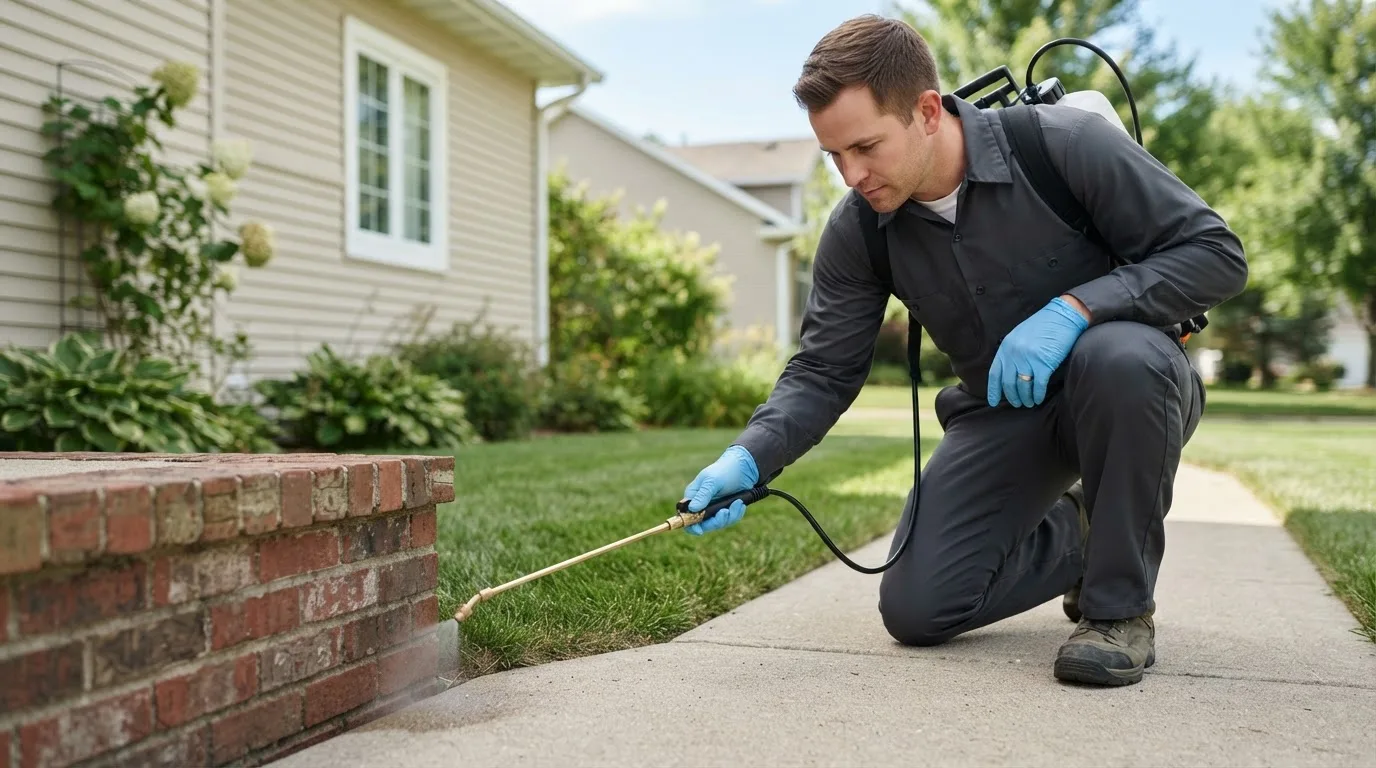 Pest control technician treating a home near Montville, OH