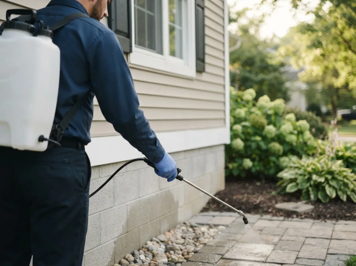 Pest control technician inspecting a home in Montville, OH
